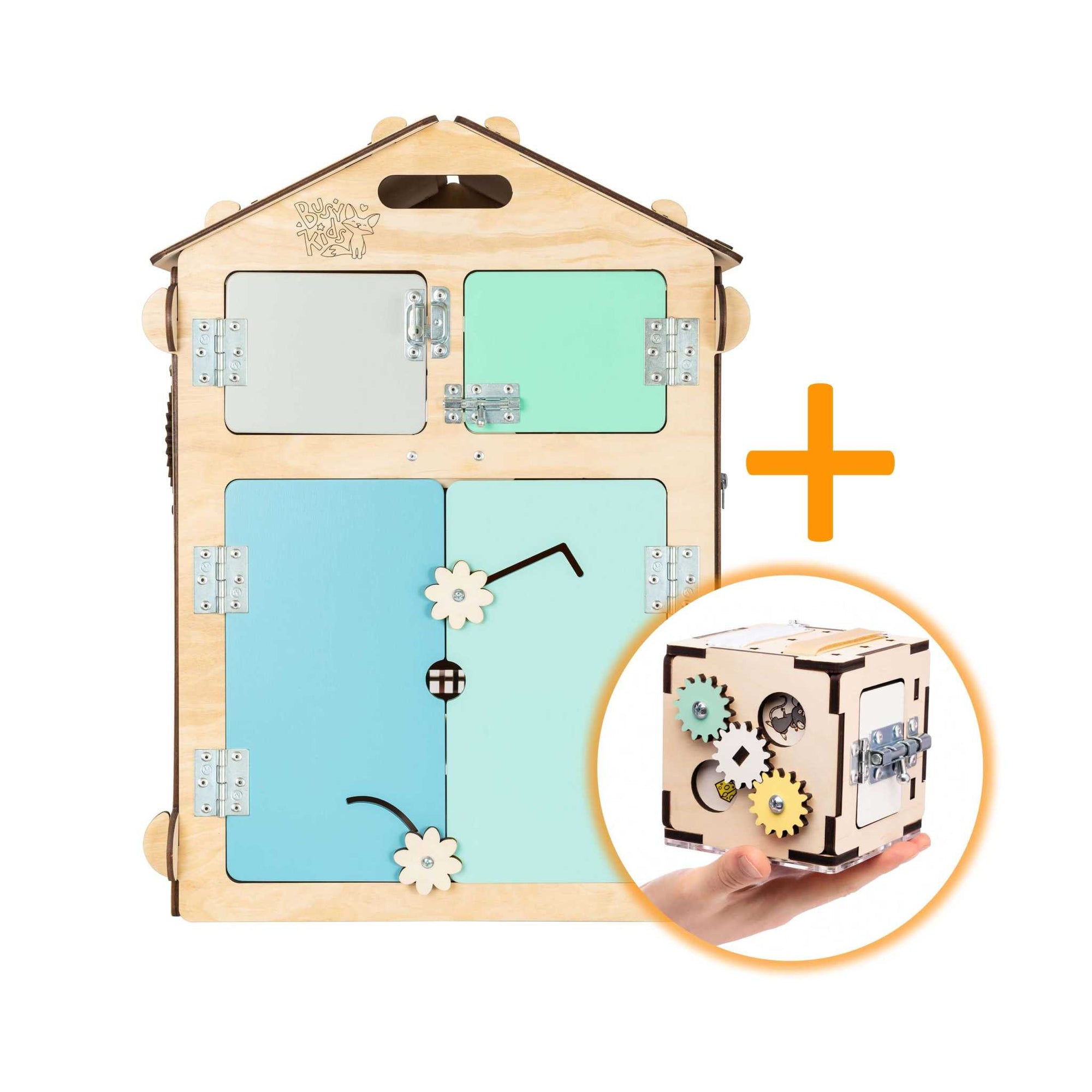 BusyBoard activity set with natural/mint playhouse and creative activity cube.