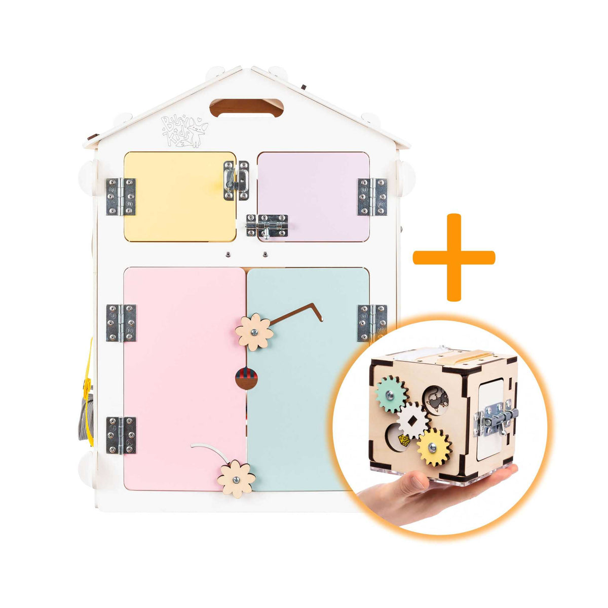 Conjunto - BusyBoard casinha branca/pastel e cubo criativo