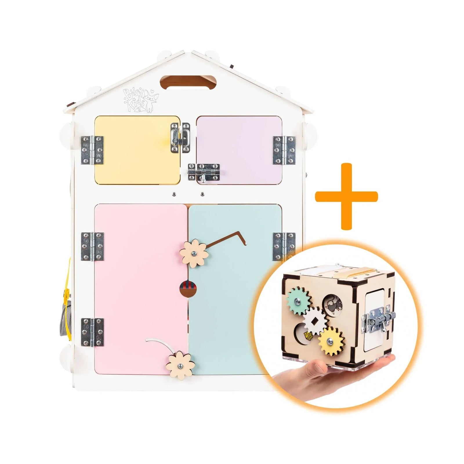 White and pastel BusyBoard playhouse with creative activity cube set.