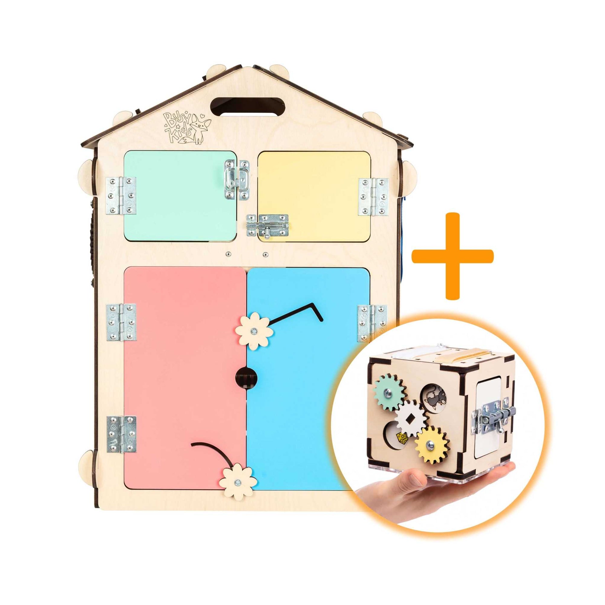 BusyKids BusyBoard house and creative cube set made from natural materials.