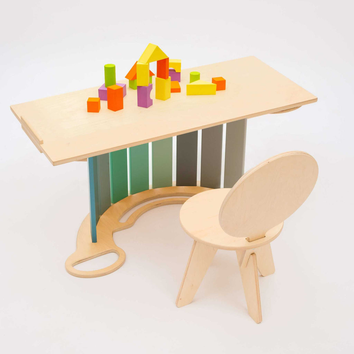 Children&#39;s mint set with seesaw, double-sided board, and mini chair.
