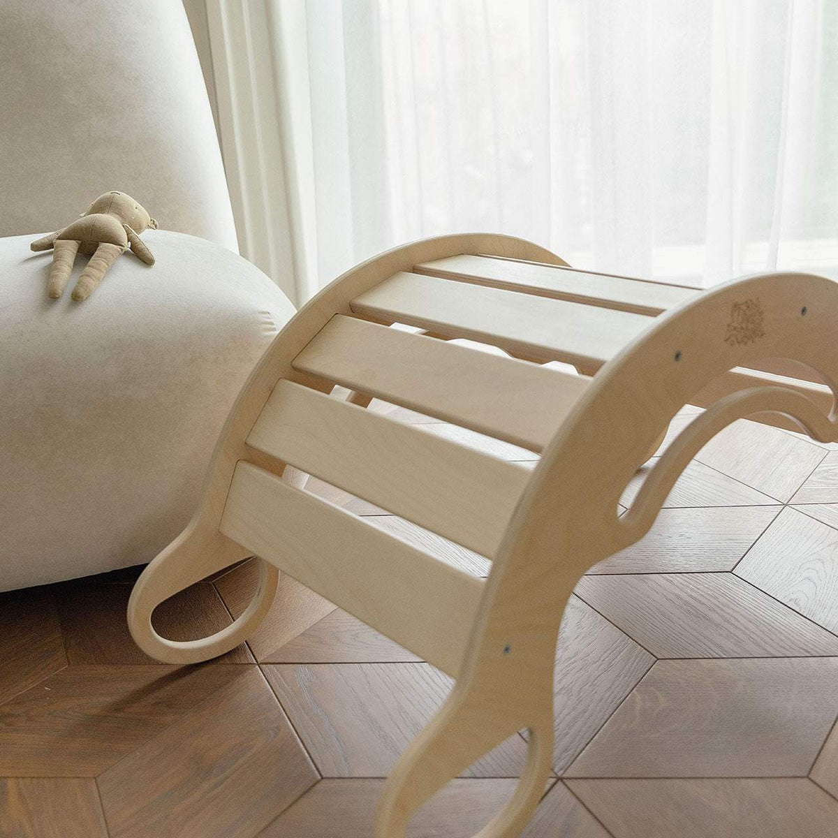 Wooden balance rocker for children, multifunctional swing, natural wood finish, safe and durable design.