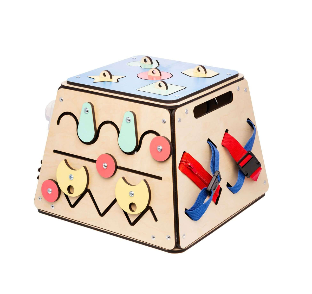 Activity board made of birch plywood featuring colorful shapes and buckles for children&#39;s learning and development.