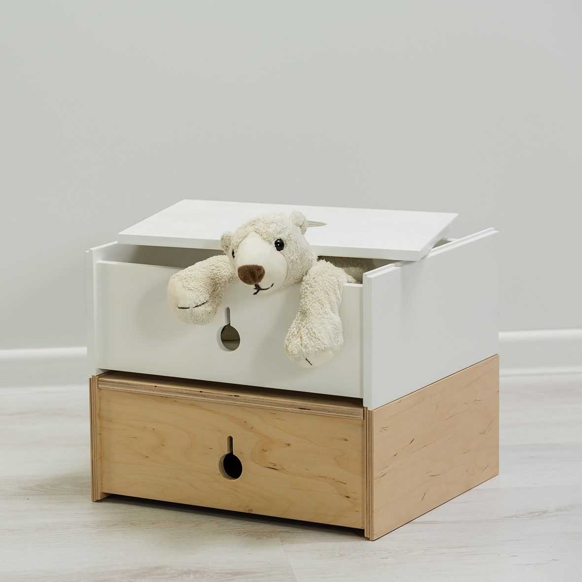 Practical, stackable, multifunctional wooden box with teddy bear, made from beech and birch plywood.