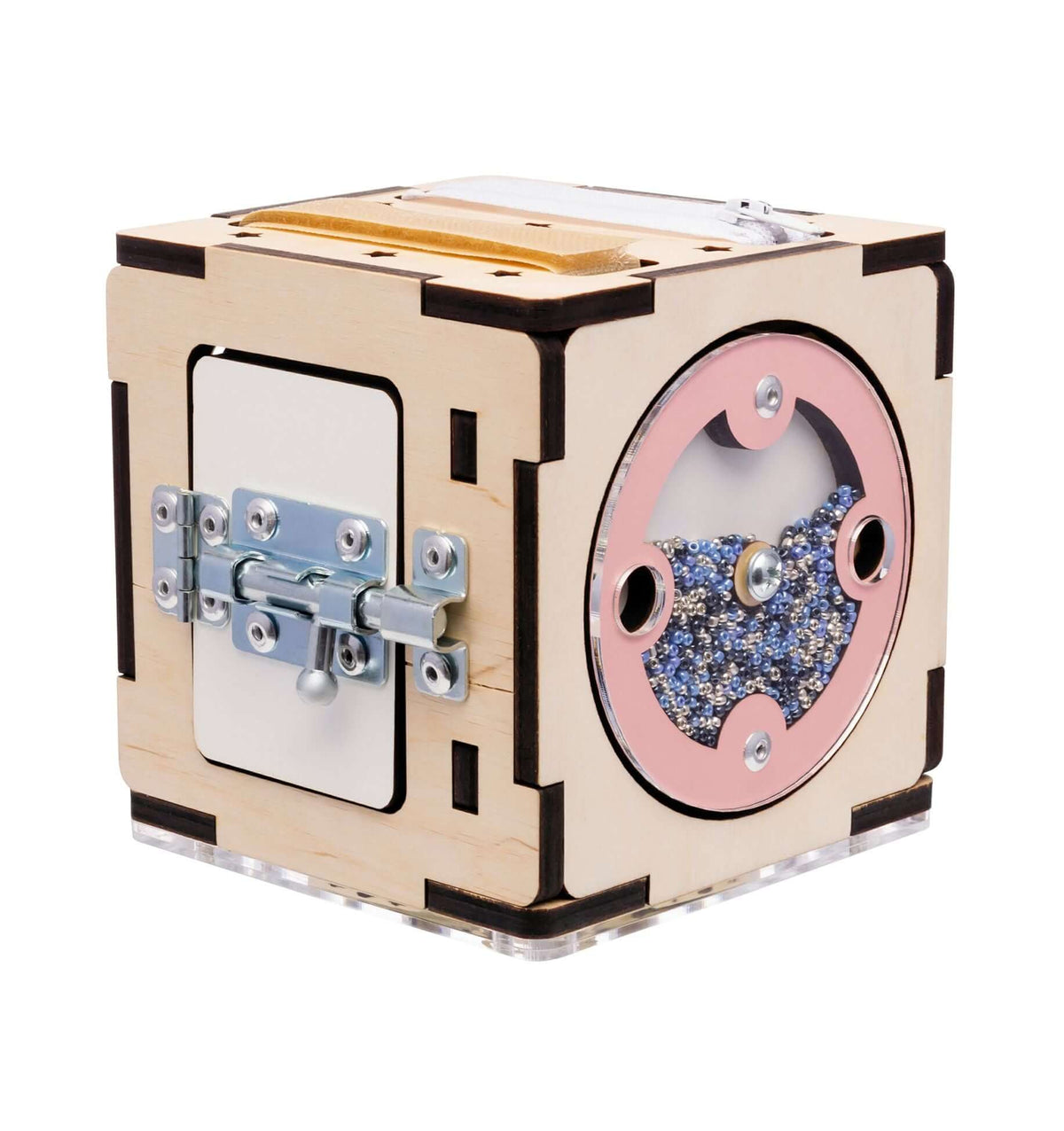 Interactive wooden cube toy for children with multiple activities and educational features.