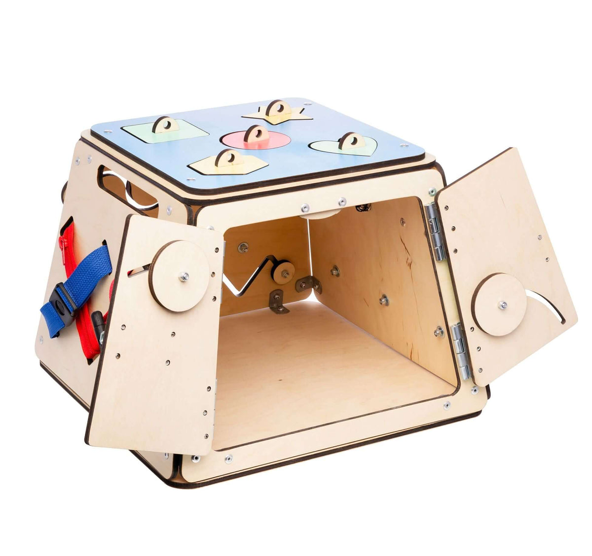 Montessori Activity Board, wooden learning toy with locks and latches for child development.