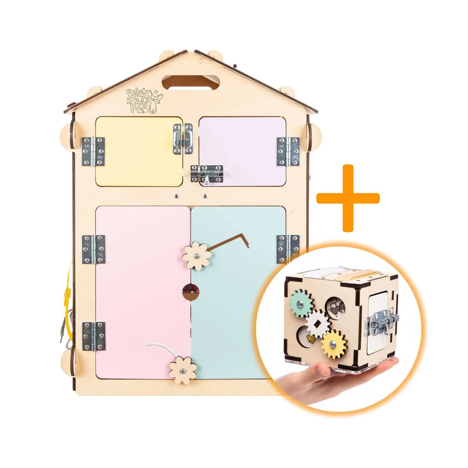 BusyBoard house and activity cube set in natural and pastel colors.