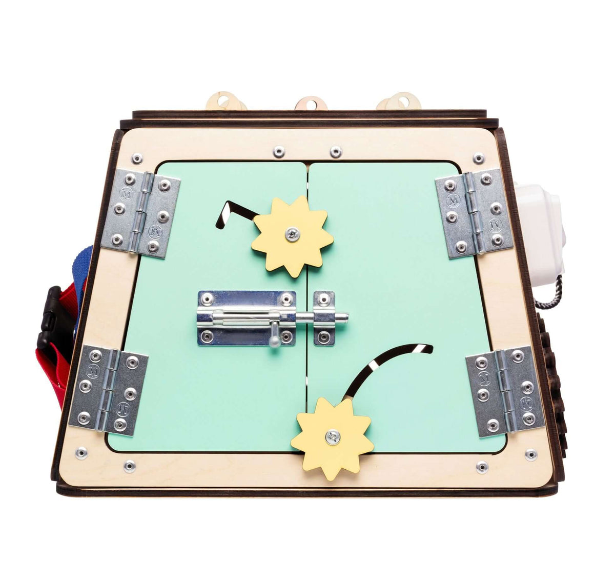 Activity board with hinges and locks for Montessori learning, promotes fine motor skills and logical thinking.