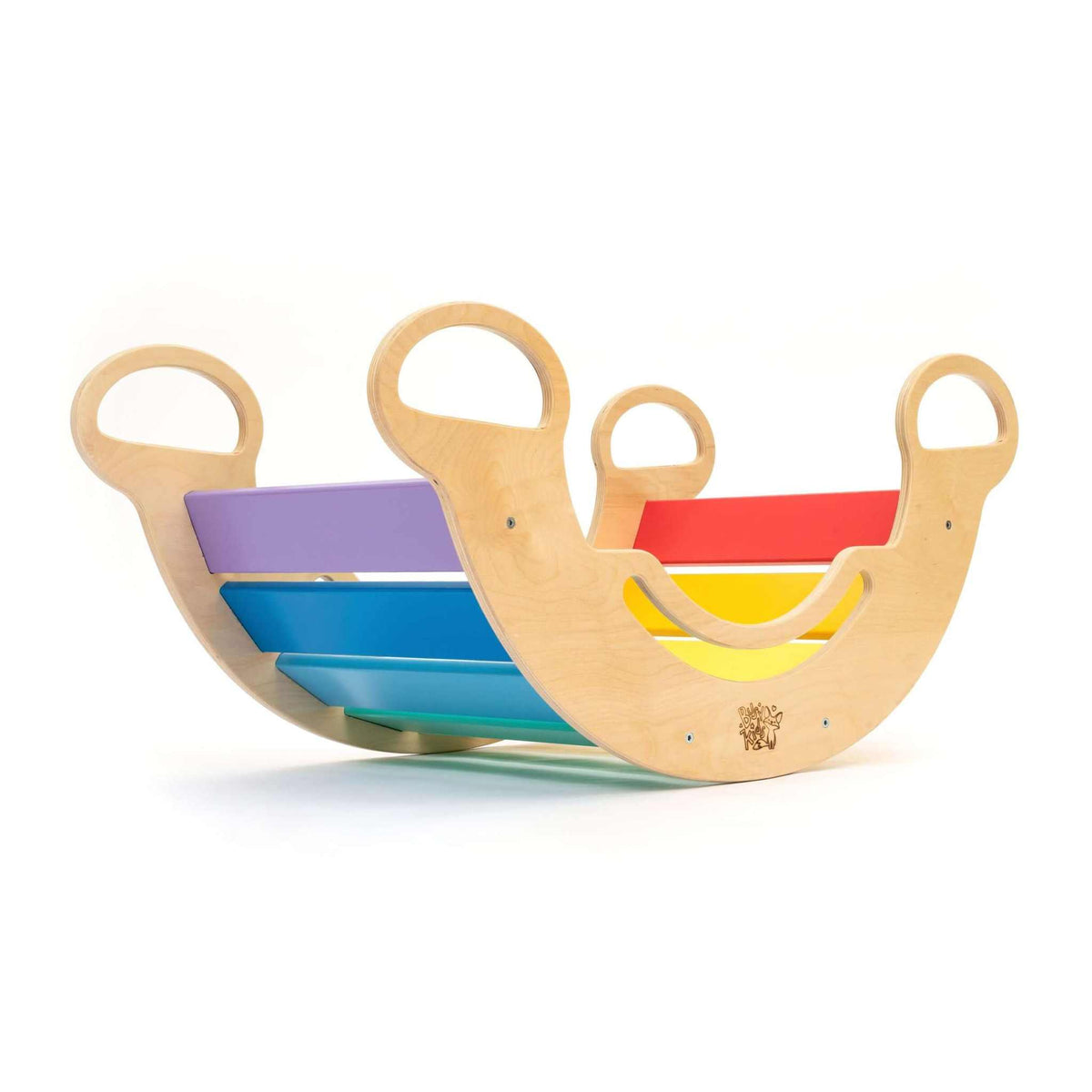 Multifunctional wooden rocker in bright colors for children aged 1+, with side grips and a 110 kg capacity, can be used as a swing, climbing frame, store counter, hideout, or slide.