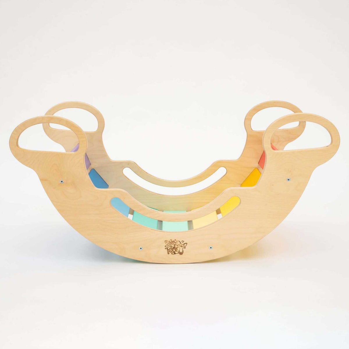 Multipurpose wooden rocker for toddlers, colorful design, versatile play structure.