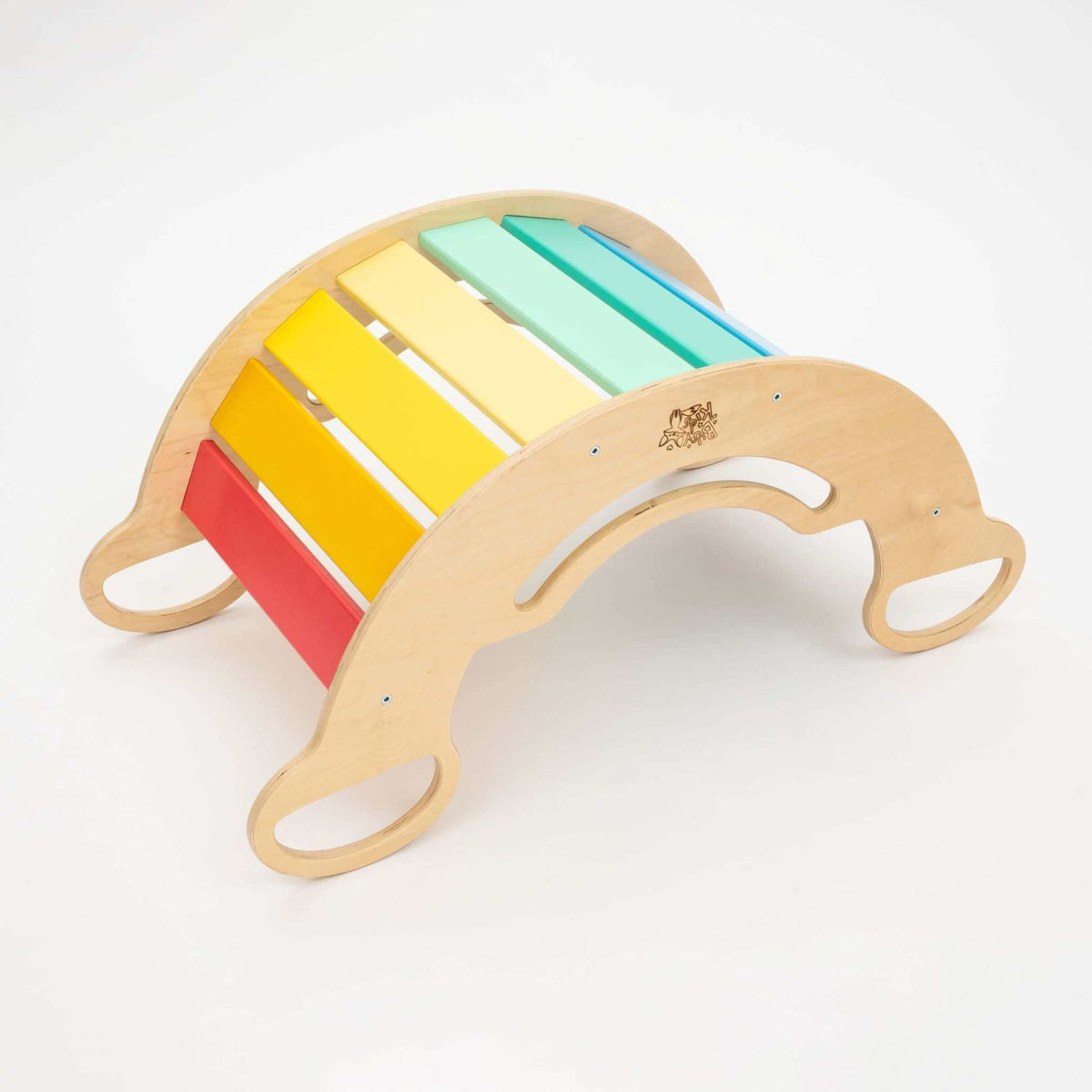 Wooden multi-purpose rocker in bright colors, suitable for children aged 1+, enhances motor skills and creativity.