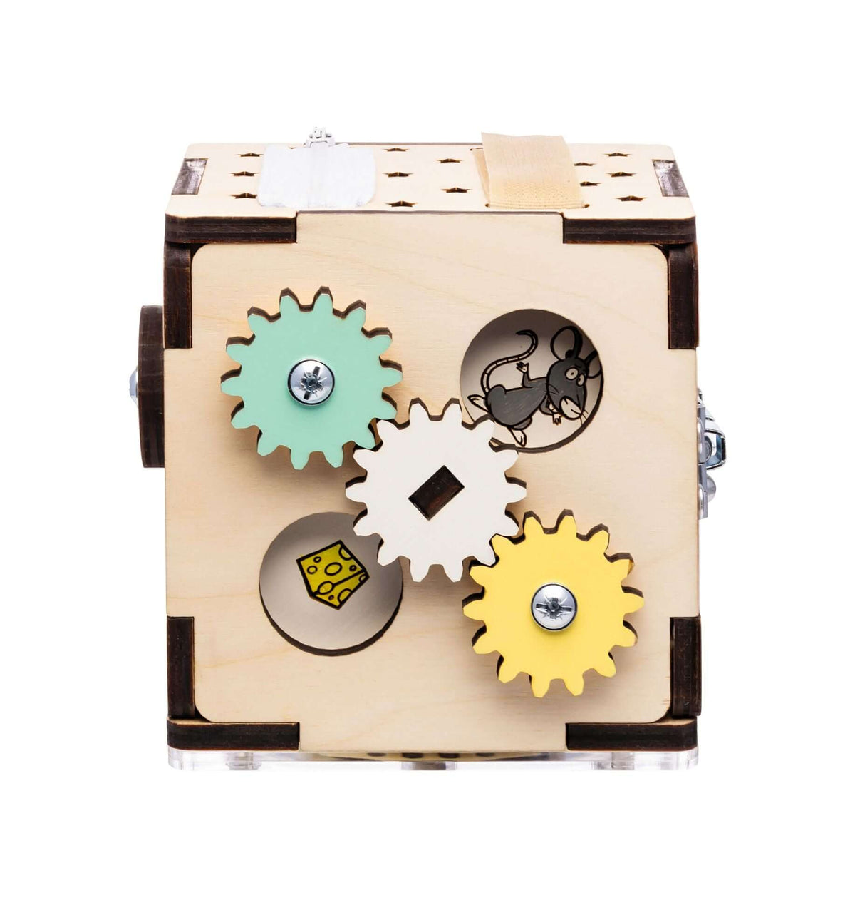 Interactive wooden cube toy for toddlers, featuring gears and activity panels for fine motor skill development.
