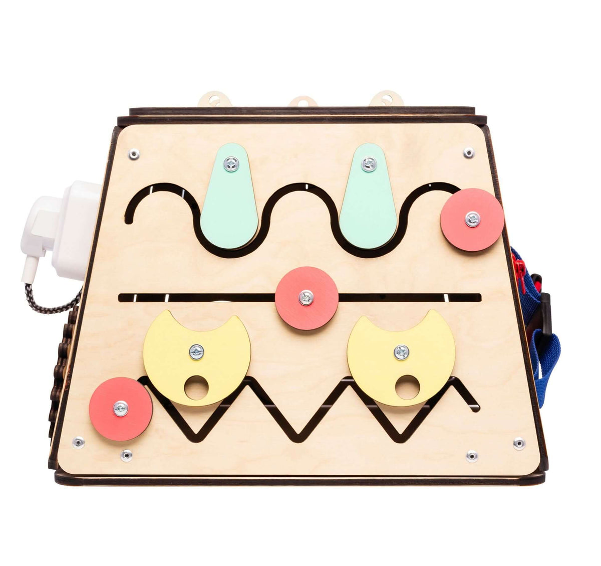 Activity board Montessori Holzspielzeug for child development and learning.