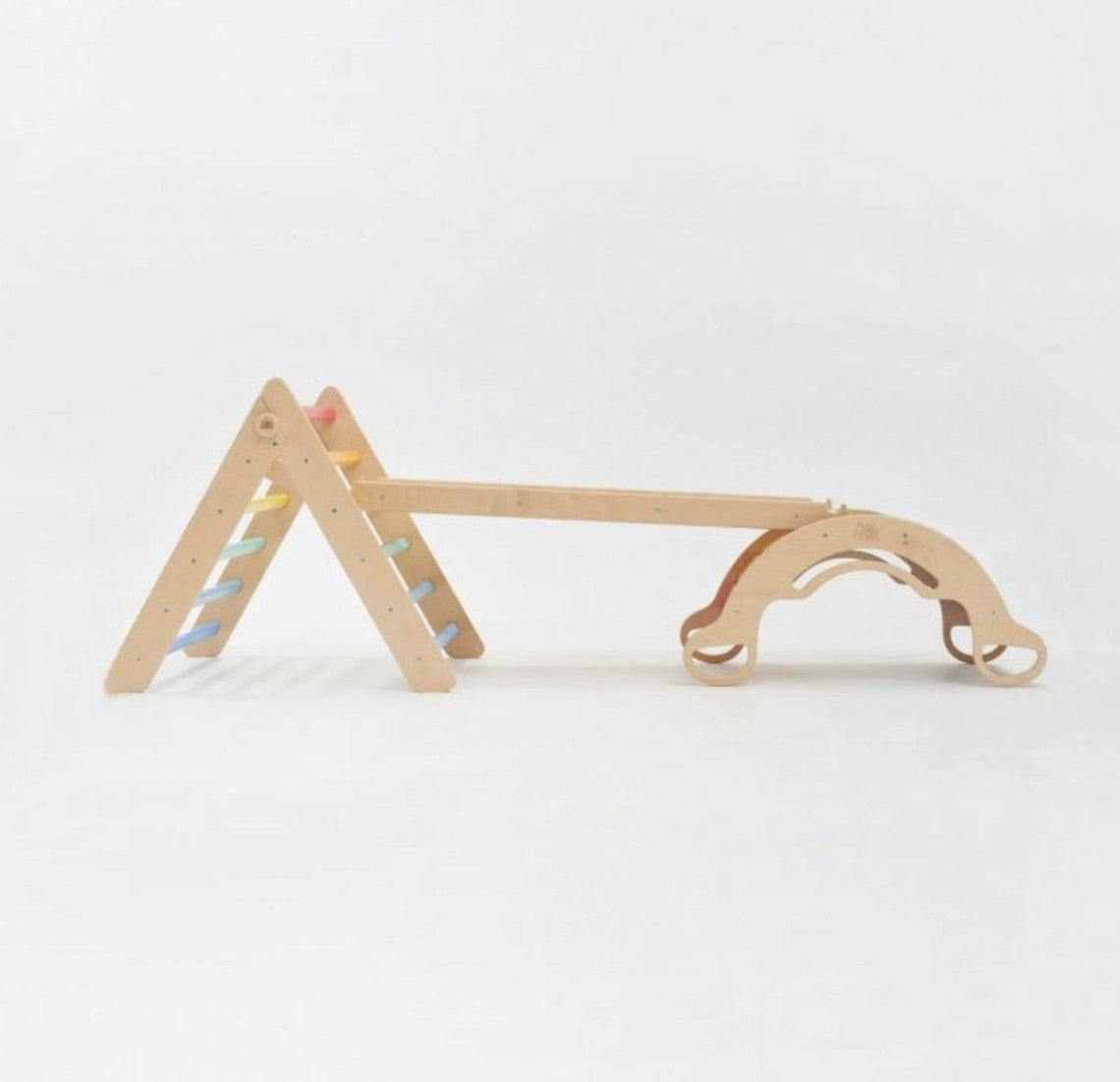 Montessori® Leiter + doppelseitiges XXL Brett + Schaukelset aus Holz - Farbe hell - Montessori.store