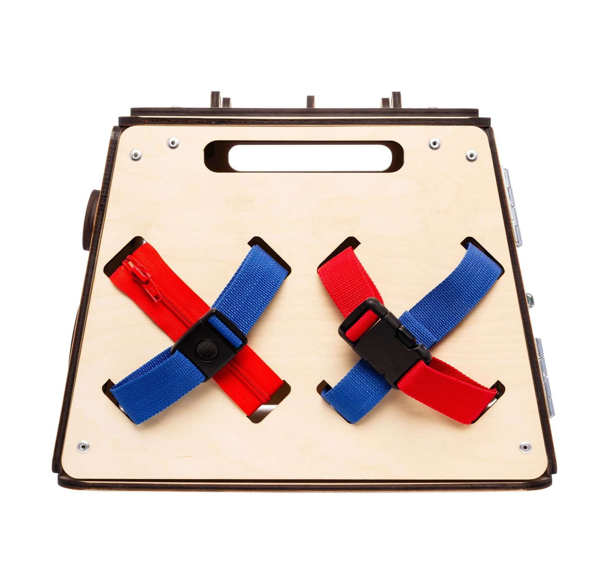 Montessori Activity Board with buckles and zippers for developing fine motor skills in children.