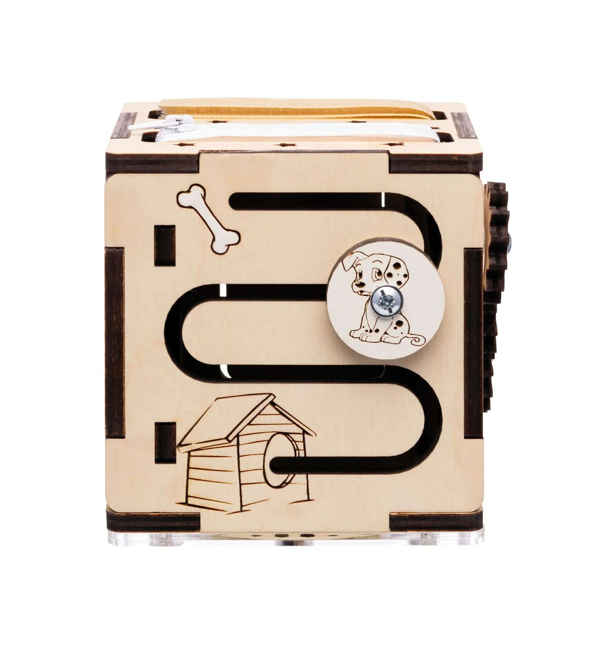 Interactive wooden activity cube for children&#39;s fine motor skills development.