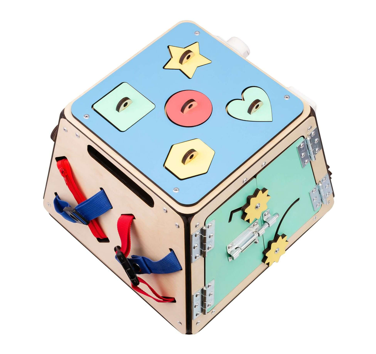 Montessori Activity Board with locks and fasteners, educational toy for fine motor skills development.