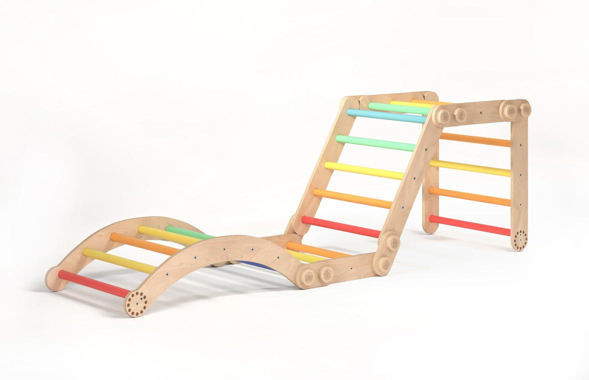 Colorful wooden climbing set for kids in rainbow design.