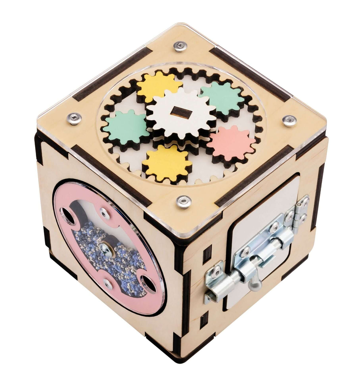 Interactive educational wooden cube toy for toddlers with gears and locks.