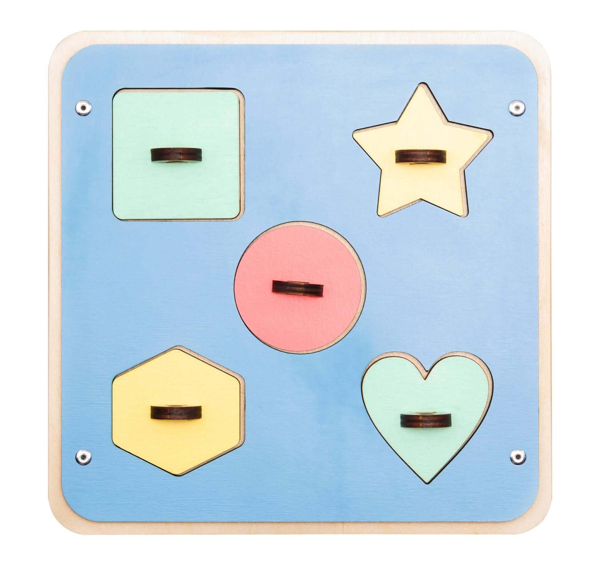 Montessori Activity Board with colorful geometric shapes for children&#39;s fine motor skills and learning.