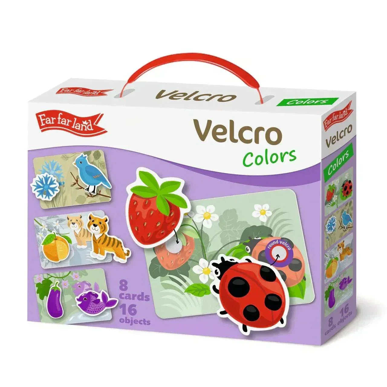 Montessori Farben Lernspiel für Kinder mit Karten und Objekten.