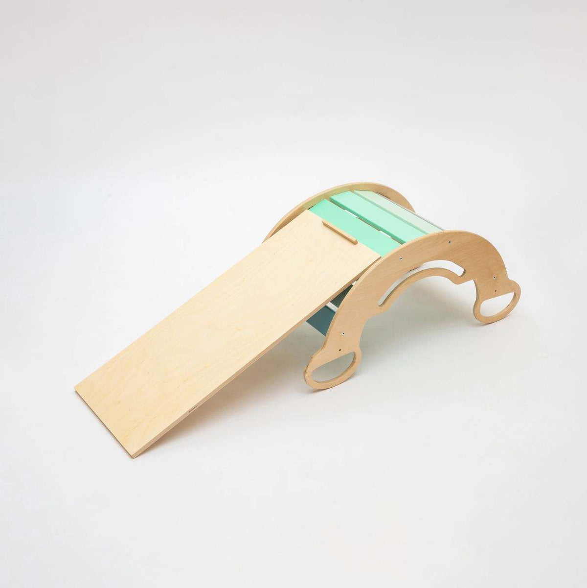 Mint-colored play set featuring a dual-sided board and mini chair for kids.