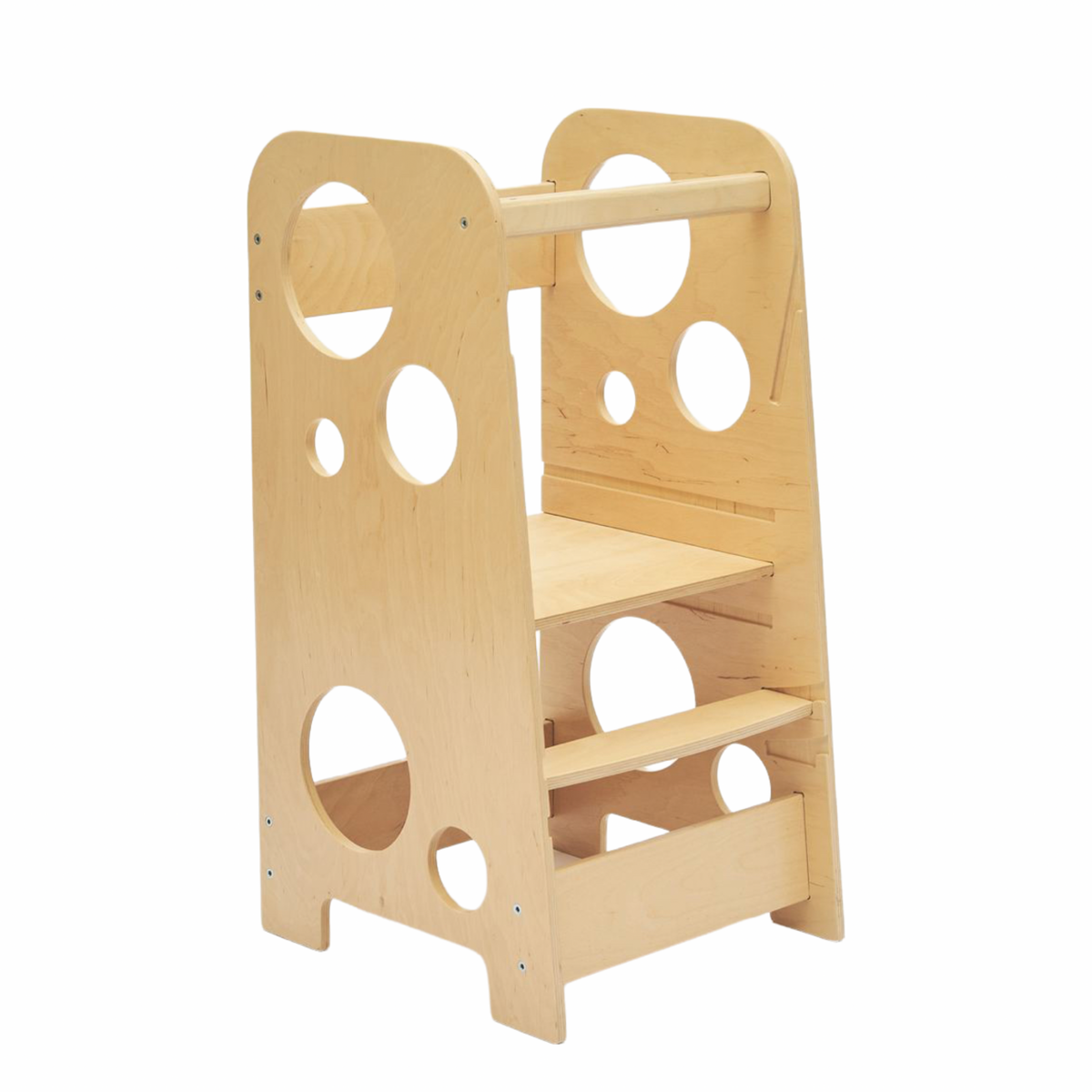 Natural wood Lernturm for children, Montessori design, adjustable height, and safe non-toxic finish.