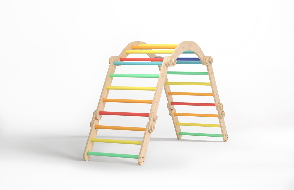 Rainbow-colored children&#39;s climbing frame set with swing.