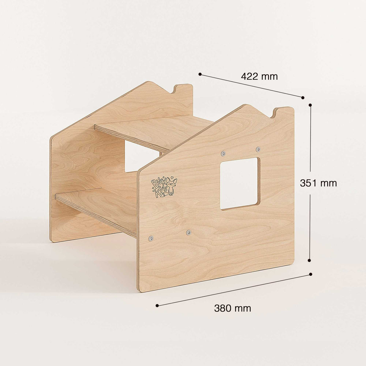 Montessori-Tritthocker aus lackiertem Birkensperrholz für Kinder ab 1 Jahr, Maße 422x380x351 mm.