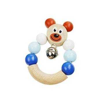 Bärchen Glöckchen Set rosa und blau mit Holz-Greifling für Babys ab 6 Monaten.