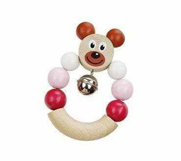 Bärchen Glöckchen Set mit Holz-Greifling für Babys, rosa und blau Varianten.