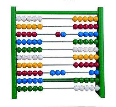 Abacus with colorful beads on metal rods, wooden frame, educational tool for children.
