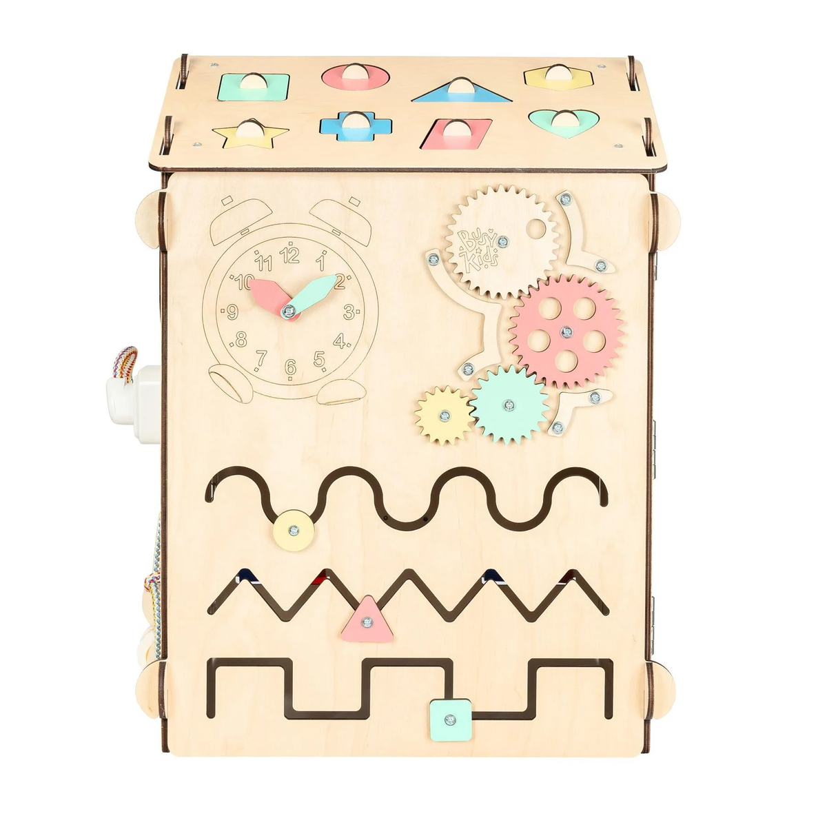 BusyBoard Activity Cube with natural wood design featuring colorful gears and interactive elements, part of the BusyKids® Set.