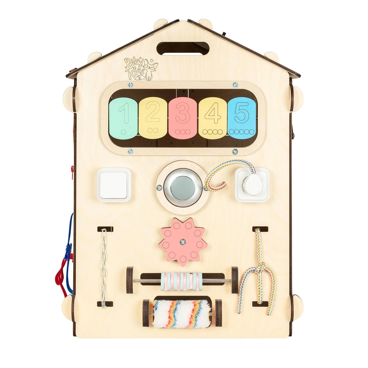 BusyBoard Häuschen Natur und kreativer Würfel Set for kids, eco-friendly natural materials, certified safe.