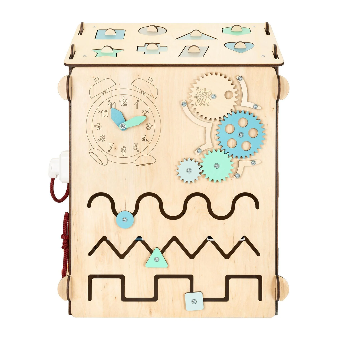 BusyBoard Häuschen Natur/Minze und kreativer Würfel Set für Kinder ab 1 Jahr.