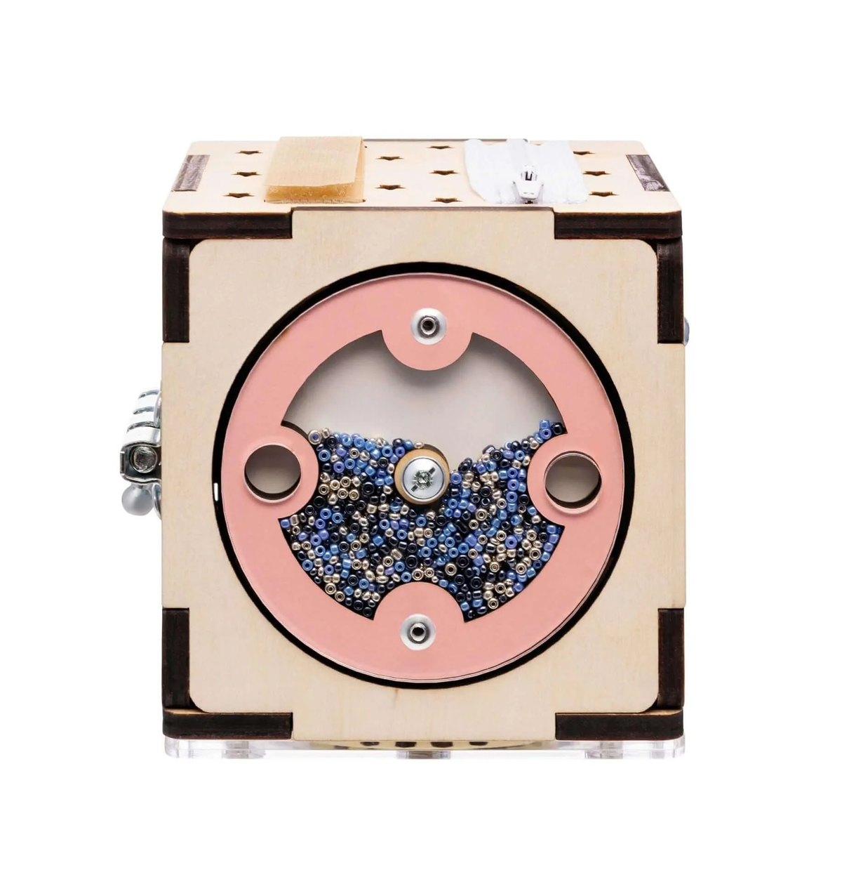 Activity cube with natural wood finish and pastel accents, featuring interactive beads.