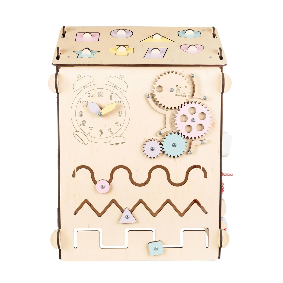 Set BusyBoard Häuschen Natur/Pastell und kreativer Würfel für Kinder ab 1 Jahr.