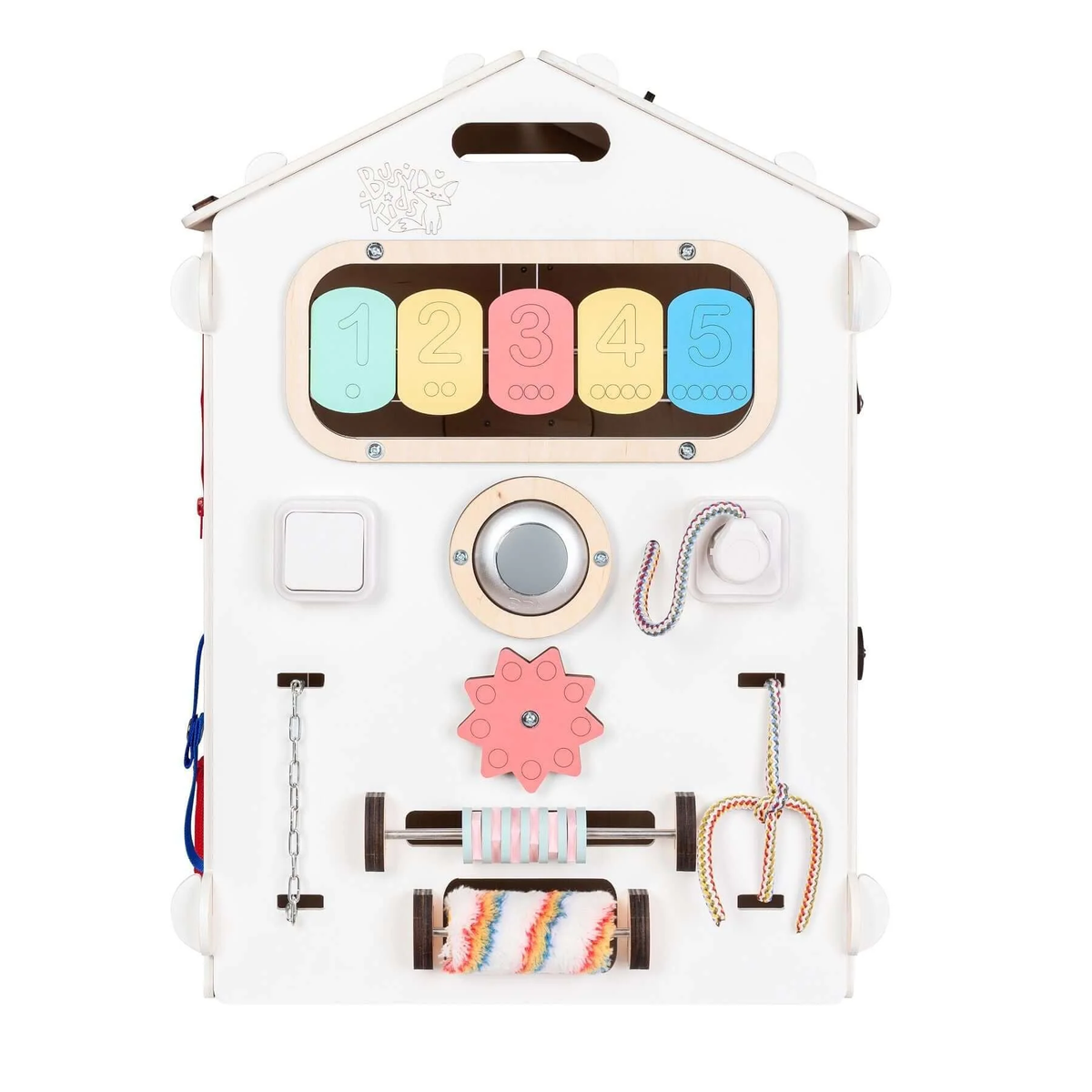 Set - BusyBoard Häuschen Weiss und kreativer Würfel, enthält Spielhaus und Activity Cube, aus natürlichen Materialien, zertifiziert für Kinder ab 1 Jahr.