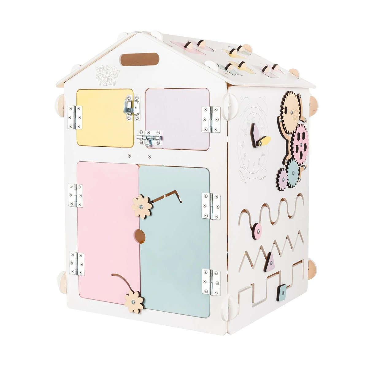 BusyBoard Häuschen Weiß/Pastell und kreativer Würfel Set für Kinder, nachhaltig hergestellt.