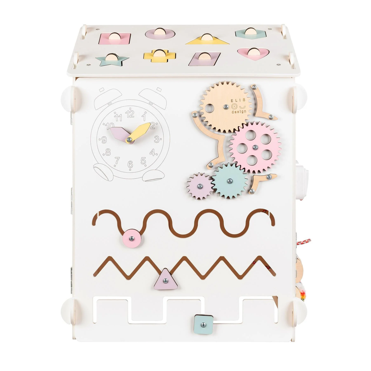 BusyBoard Haus in Weiß/Pastell und kreativer Würfel Set aus natürlichen Materialien zertifiziert für Kinder ab 1 Jahr.