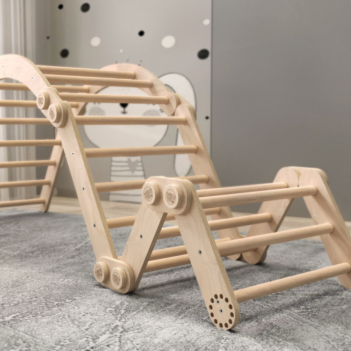 Maxi climbing frame set with swing for kids in natural wood finish.