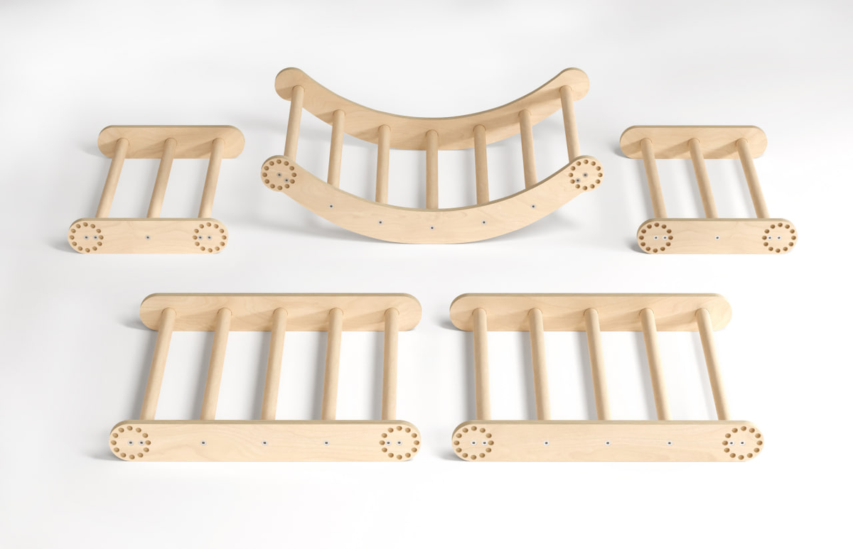 Children&#39;s Maxi Climbing Set L with Swing in natural birch wood configuration.