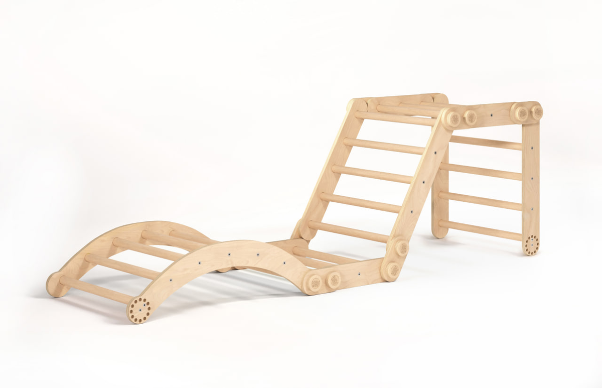 Wooden climbing frame set for kids with natural finish featuring two Pikler triangles and a swing.