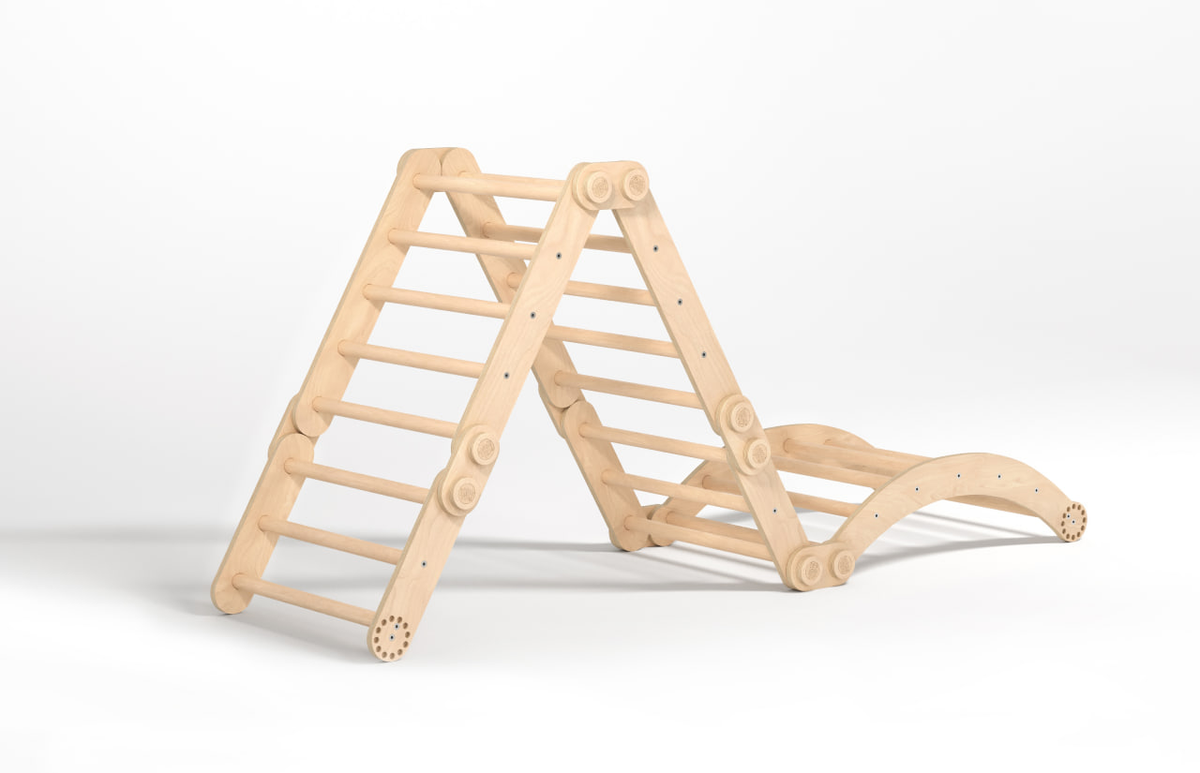 Children&#39;s natural wooden climbing frame set with swing, featuring modular Pikler triangles, supports gross motor skills development.