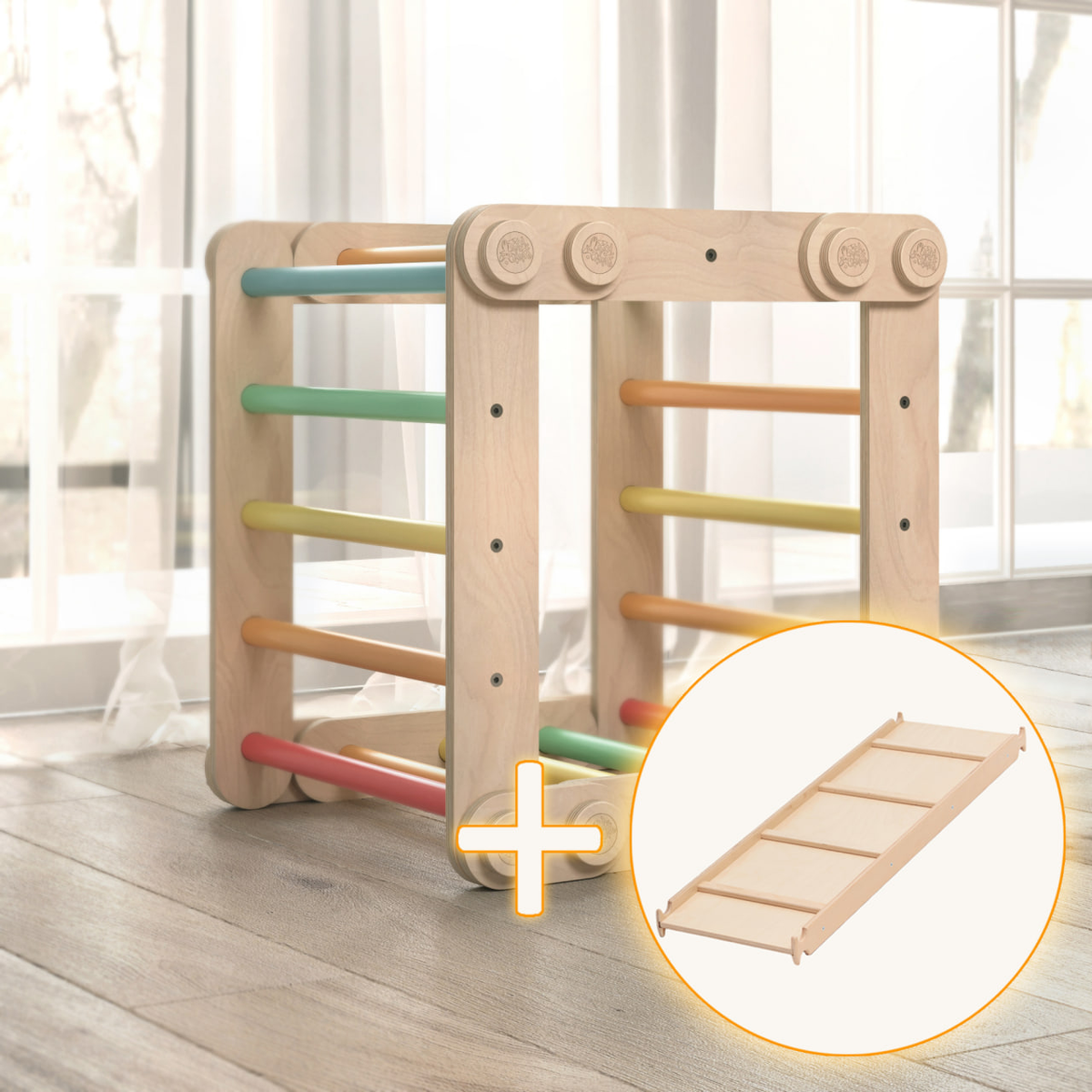 Children&#39;s modular play set featuring wooden climbing structures with colorful rungs and a detachable slide.