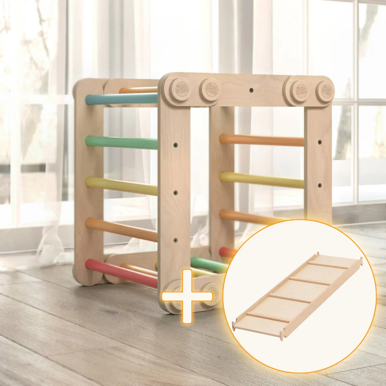 Children's modular play set featuring wooden climbing structures with colorful rungs and a detachable slide.