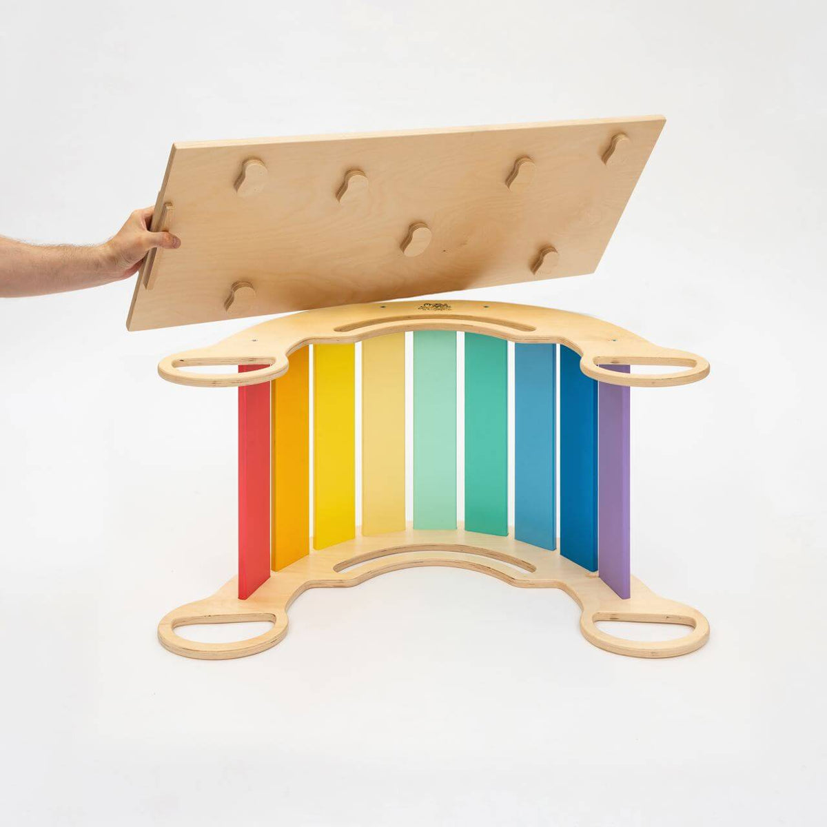Montessori balance rocker with double-sided board, birch plywood, child development toy.