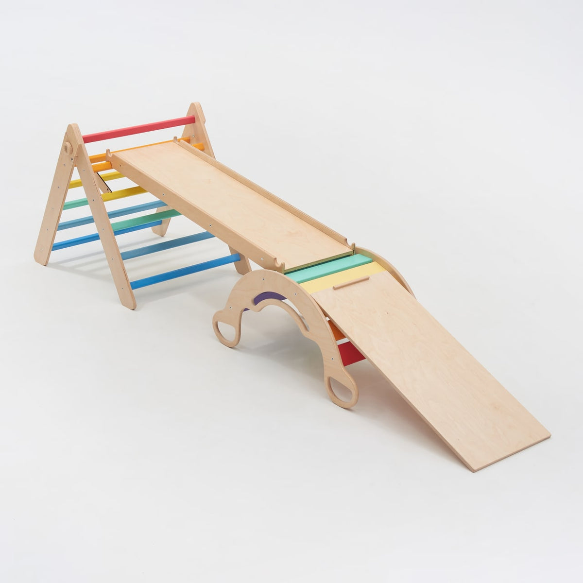 Large set - Pikler triangle + 2 slides/climbing ladders + balance rocker - light