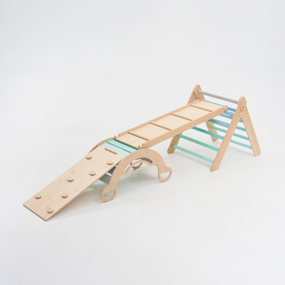 Large set - Pikler triangle + 2 slides/climbing ladders + balance rocker - mint