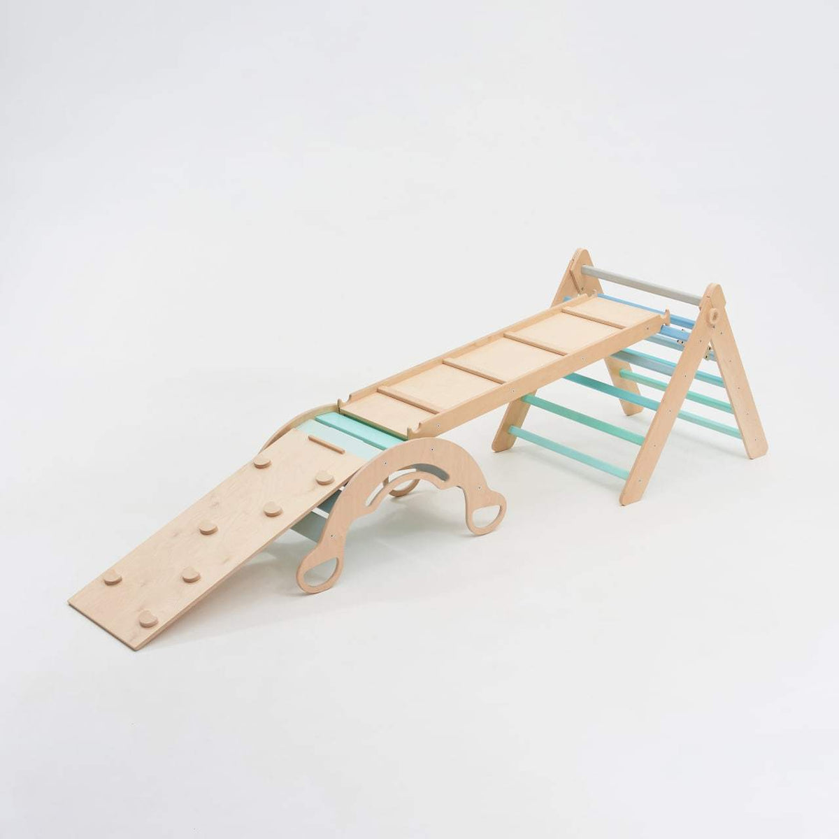 Montessori play set with triangle, slides, and swing in mint color, birch plywood construction.